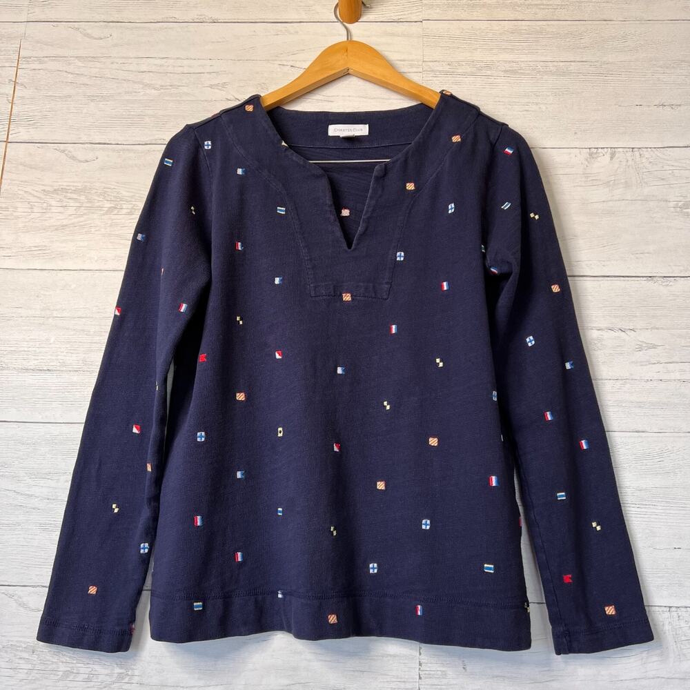 Charter Club Top Navy SZ Small Embroidered Flags Split Neck Cotton Long Sleeve